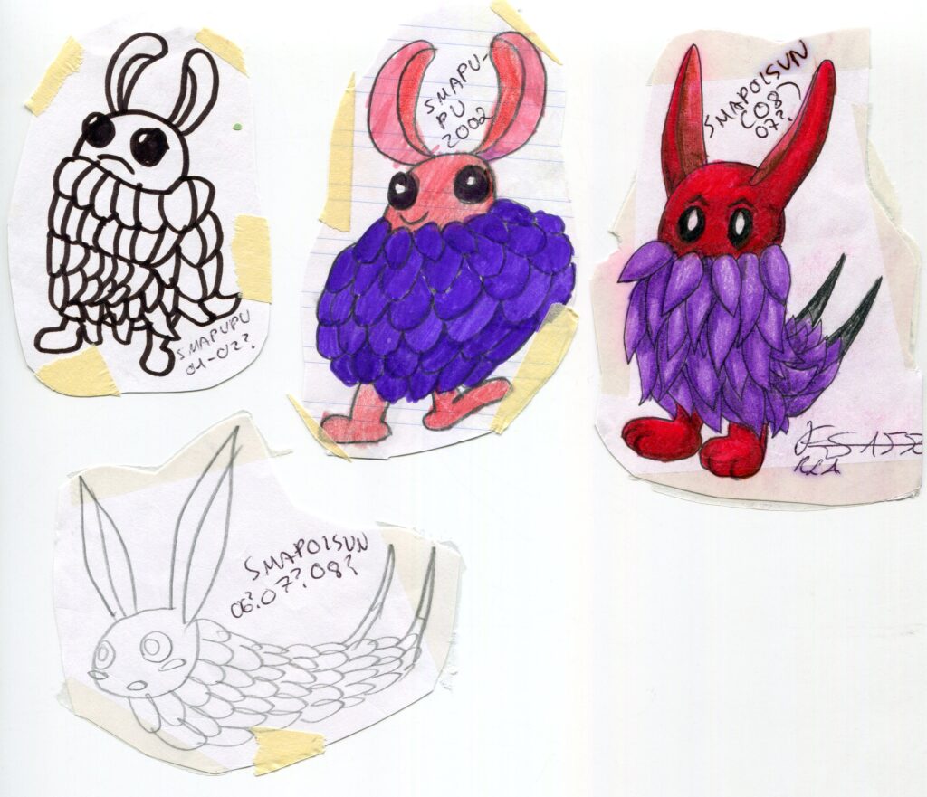 Several drawings of a cute little monster with very big ears.