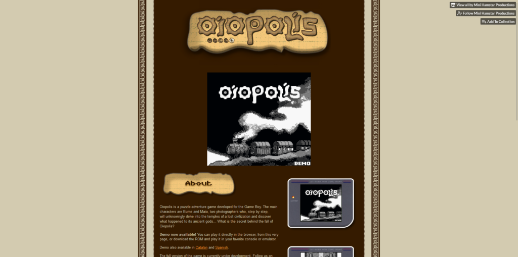 screenshot of the oiopolis page at itch.io